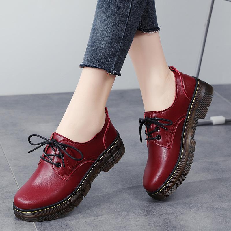 Large Size Women's Single Shoes Autumn Casual Small Leather Shoes Round Head Thick Heel Martin Boots Flat Bottom Shallow Mouth Shoes