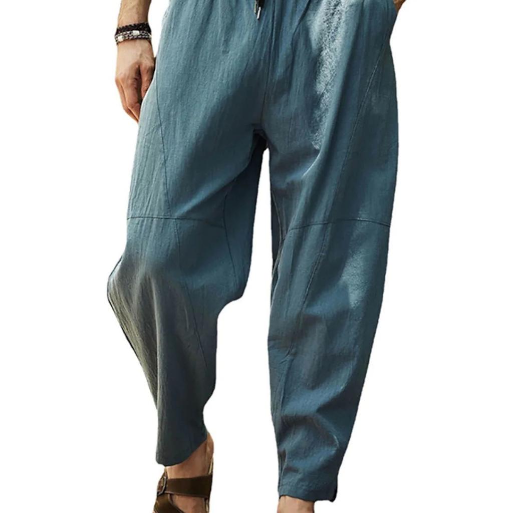 Herren-Baumwoll-Leinen-Baggy-lange Hose, weites Bein, elastische Taille, lockere Haremshose