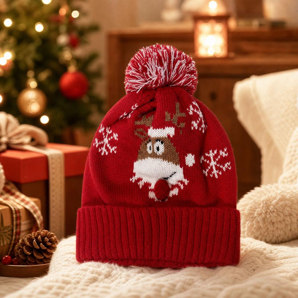 Festive Red Deer Knit Pom Winter Christmas Holiday Hat