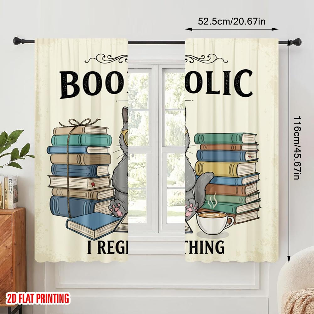 2pcs 2D Flat Printing Window Curtains Bookaholic Cat Reads Books Fabric Without Electricity Festive Wall Decor for Classroom