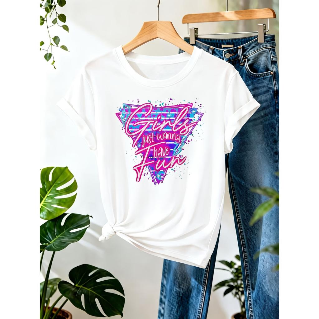 Dámské retro tričko 80. let s neonovým potiskem "s Just Wanna Have Fun" - Krátký rukáv, kulatý výstřih, ležérní top