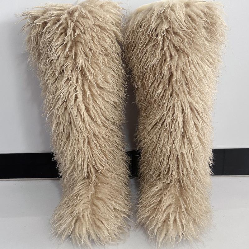 2025 cizme de iarnă pentru femei din imitație de blană de plajă din lână European și American cu tub înalt 40 tub lung 50 pantofi cizme de zăpadă