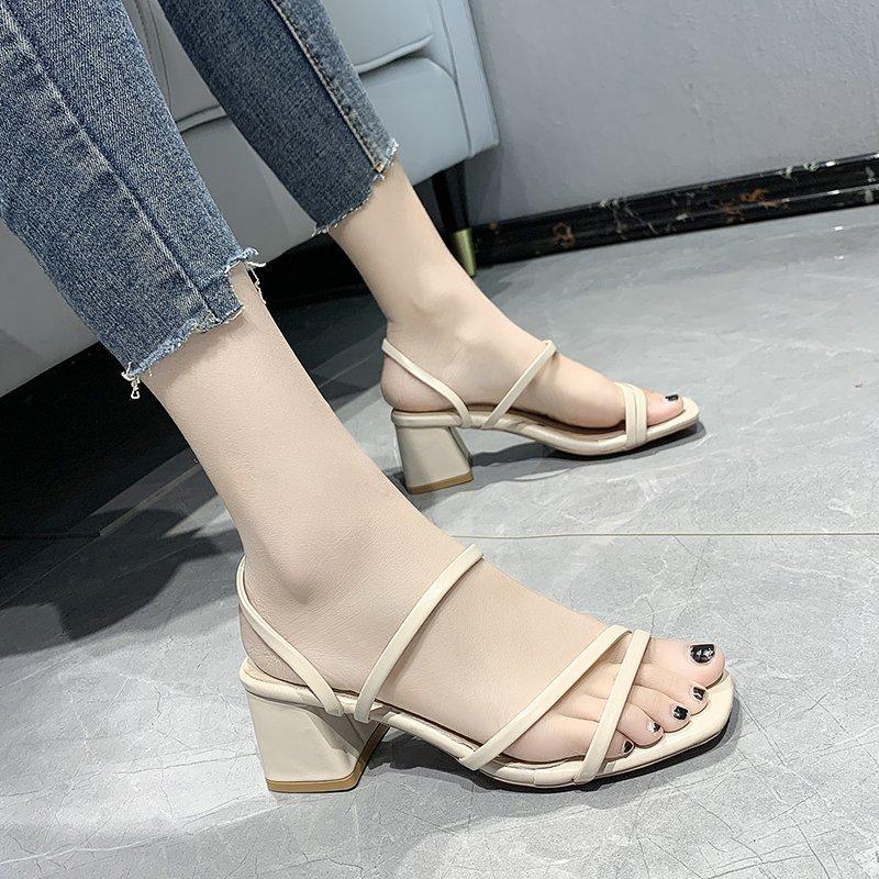 One Word with Large Size Sandals Women's Summer Outer Wear Temperament Fairy Style Daily Versatile Thick Heel One Shoe Two Wear High Heels