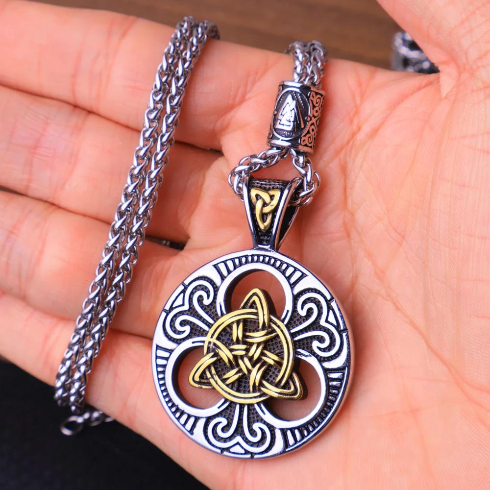 Vintage Stainless Steel Viking Celtics Knot Trinity Pendant Necklace Men's Chain Nordic Odin Viking Necklace Amulet Jewelry Gift