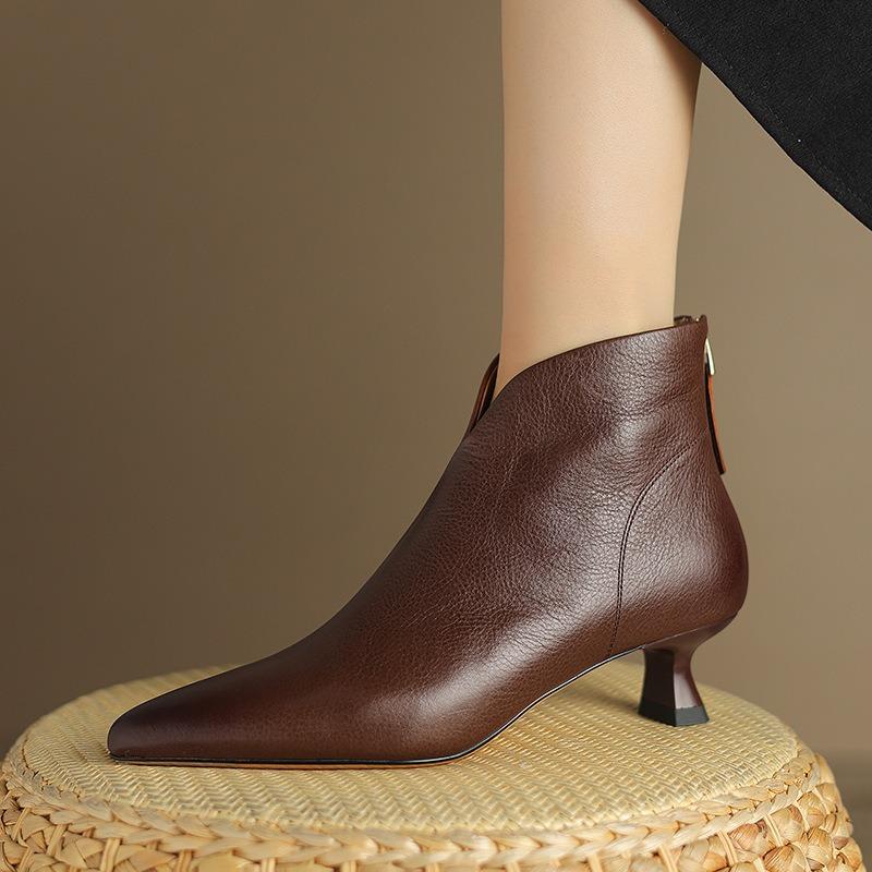 Fashion V-mouth Ankle Boots for Women Elegant Pointed Toe Thick Middle Heels Women's Shoes Brown Black Retro Soft Leather Chelsea Botas