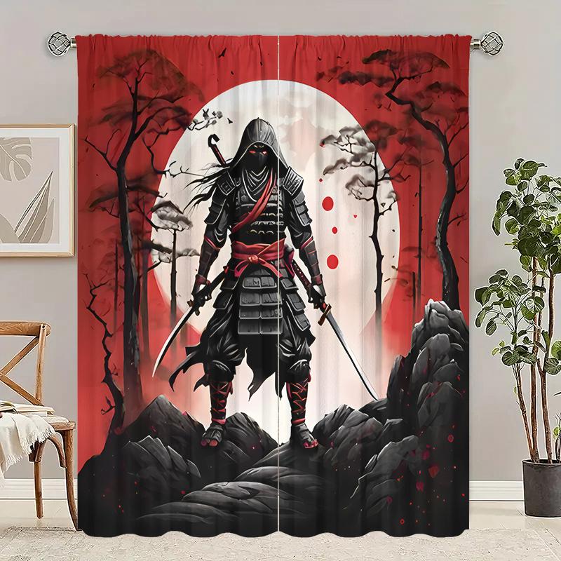 2pcs- Japanese sunset Samurai polyester curtains, pole bag curtains 42*84, bedroom, living room, home room decoration