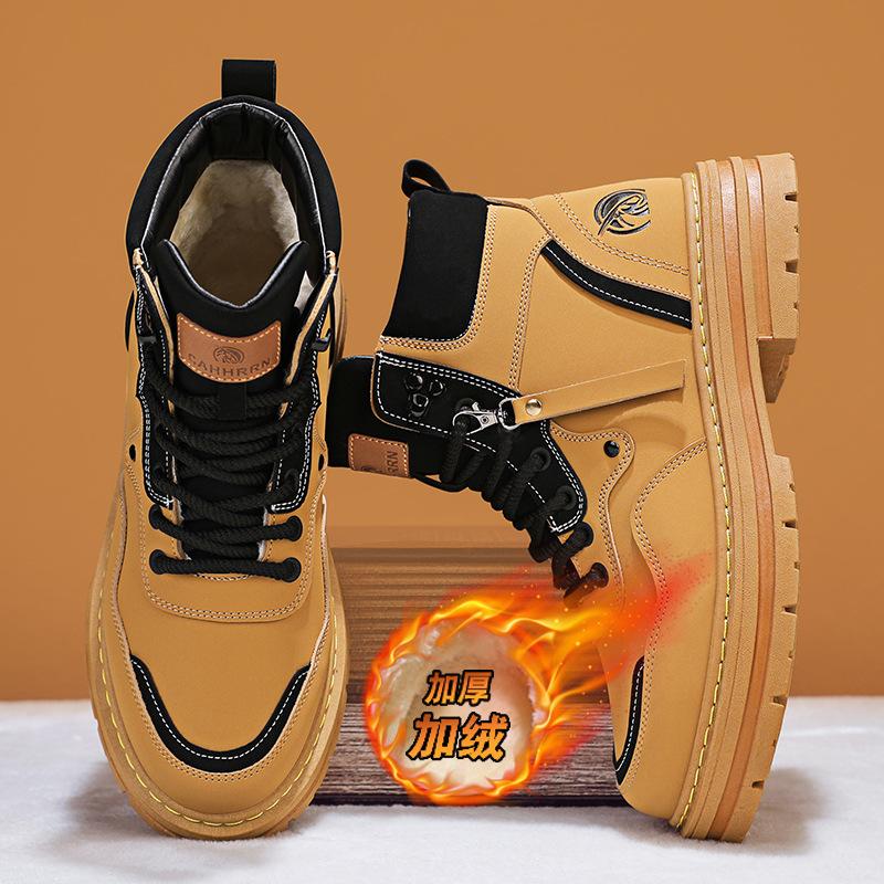 Men's Martin Boots Fleece High Top Men's Shoes Winter Large Cotton Snow Boots Tooling Boots Rhubarb Boots Men's Leather Boots