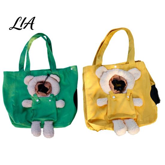 Canvas Cat Carrier Bag Purse, Front & Side Head Hole, Plush Bear Puppy Outdoor Pet Carrying Purse Tote, Portable Shoulder with Safety Buckle for Cats