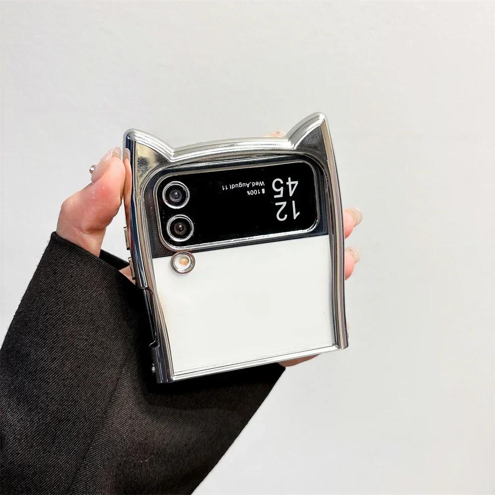 3D Electroplated Cat Ear Transparent Case for Samsung Galaxy Z Flip 3 4 5 6 5G Flip6 Flip5 Shockproof Protector Flip4 Cute Cover