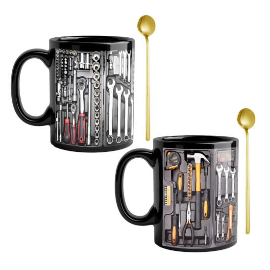 Mechanic Toolbox Mug Ceramic Funny Toolbox Coffee Mug with Spoon for Mechanics Novelty Gift for Dad Husband Car Lovers