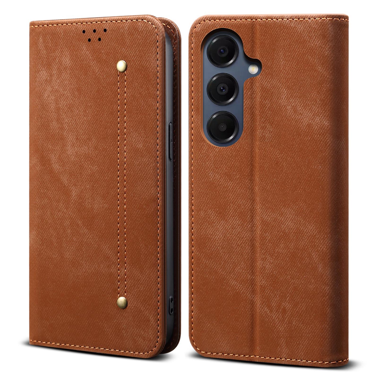 

For Samsung Galaxy S25 FE Case Jeans Cloth Texture Anti-Scratch Leather Stand Phone Cover Coffee
