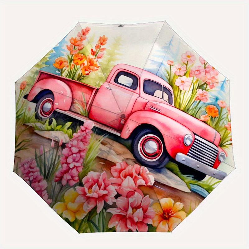 Vintage Pink Truck with Flowers - Circular  DecorUmbrella, Portable 3-Fold Compact Umbrella,Christmas Gift ES635