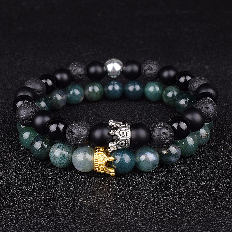 2pcs Charm Paired Bracelets Men Sets Crown Women's Bracelets Natural Stone Beads Wristband Couple Bracelet Gifts Friends Jewelry