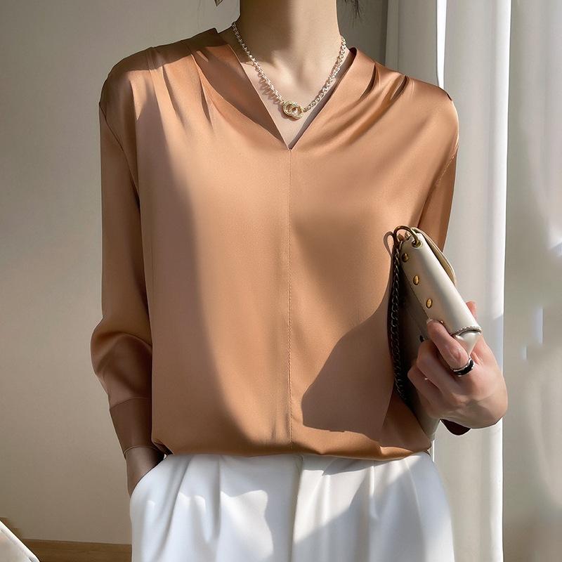Silk Shirt for Women Spring and Summer Shirt V-neck Simple Nine Points Sleeve Temperament Versatile French Top