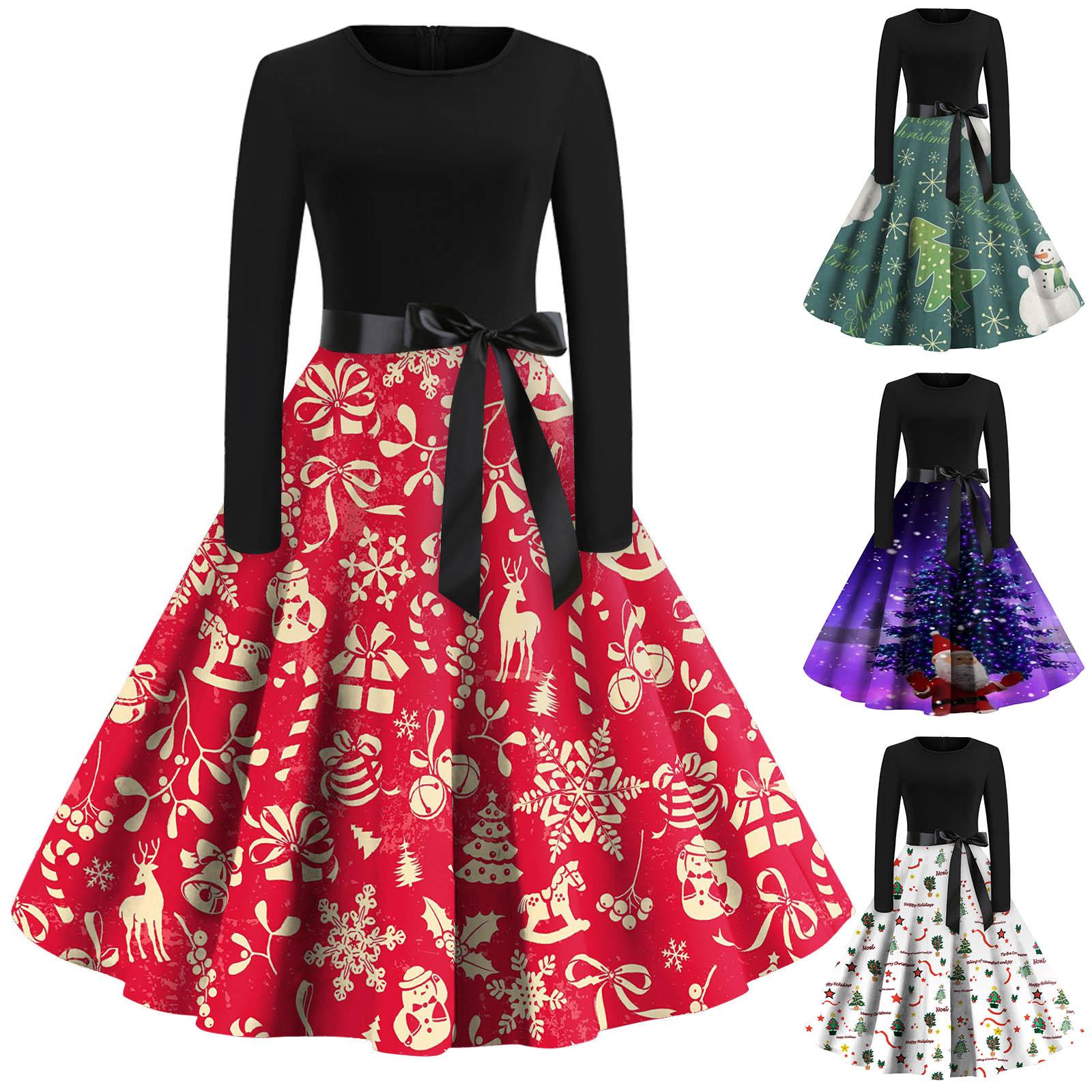 

Женское рождественское платье с расклешенным принтом и длинным рукавом с круглым вырезом, вечерние повседневные рождественские платья