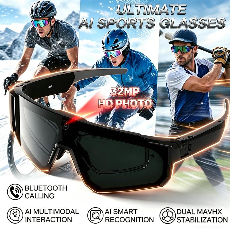 Occhiali Sportivi Intelligenti da Uomo con Fotocamera HD da 32MP, Chiamate Bluetooth, Audio a 360°, Occhiali da Sole da Ciclismo, Assistente AI, Riprese Anti-shake, Nuovi
