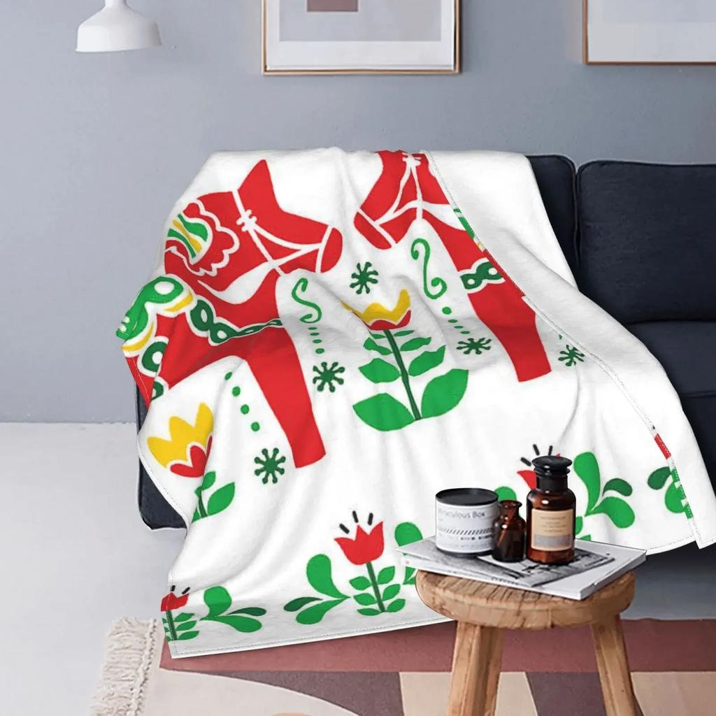 Flannel Fleece Throw Blanket for Couch, Floral Swedish Dala Horses Lightweight Plush Fuzzy Cozy Soft Blankets Throws Bed Sofa
