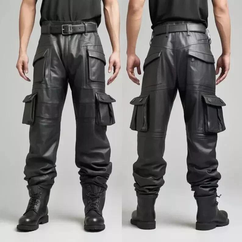 

Новые мужские брюки из натуральной овчины черного цвета, брюки в стиле карго, байкерские 28