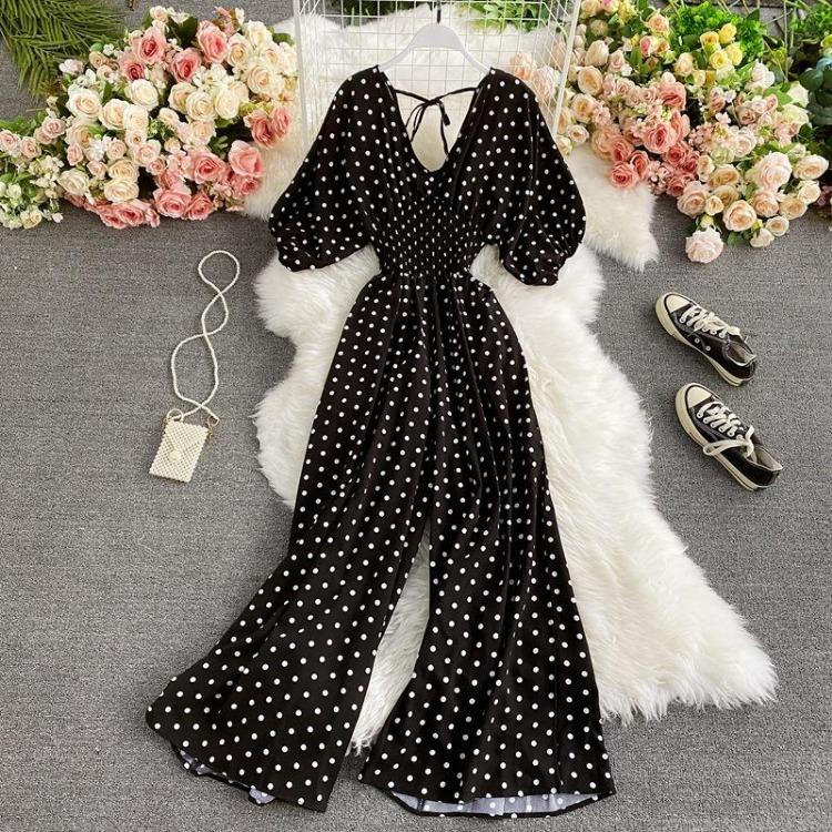 Sexy Waist Slim Jumpsuit with Dolman Sleeves Polka Dot Print Wide Leg Trousers Neck Design