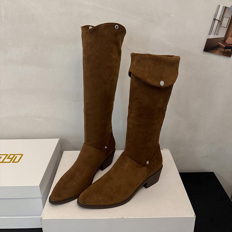 Pile boots women's pointed high tube medium tube knight boots 2025 new early autumn winter brown western cowboy long boots