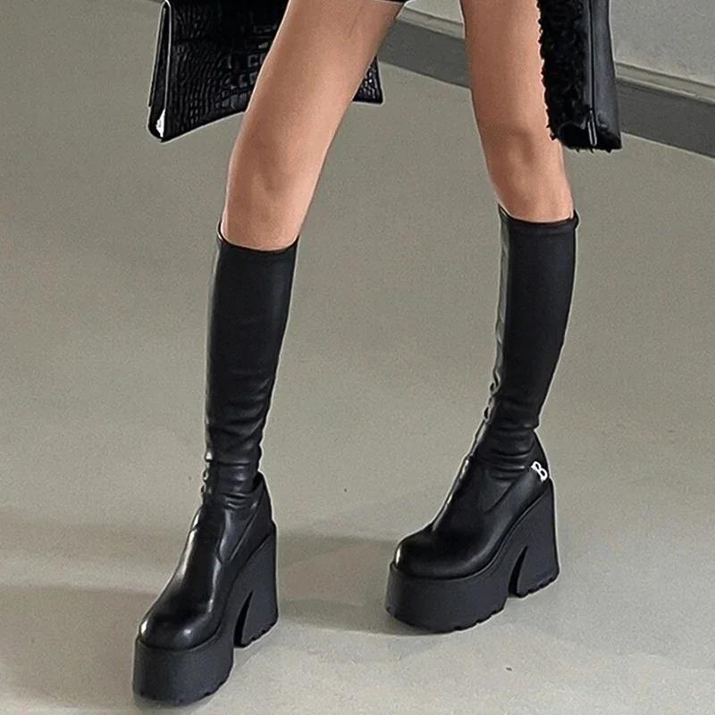 Fashion Punk Style Platform Women Long Boots Fashion Elegant Square High Heel Shoes Autumn Winter Women's Morder Long Booties