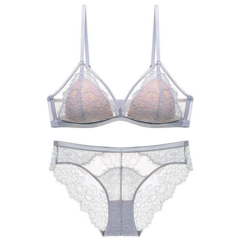 French Triangle Cup Lace Bra & Panty Set: Wire-Free, Sexy Back, Thin Style, Minimizing Large Bust.