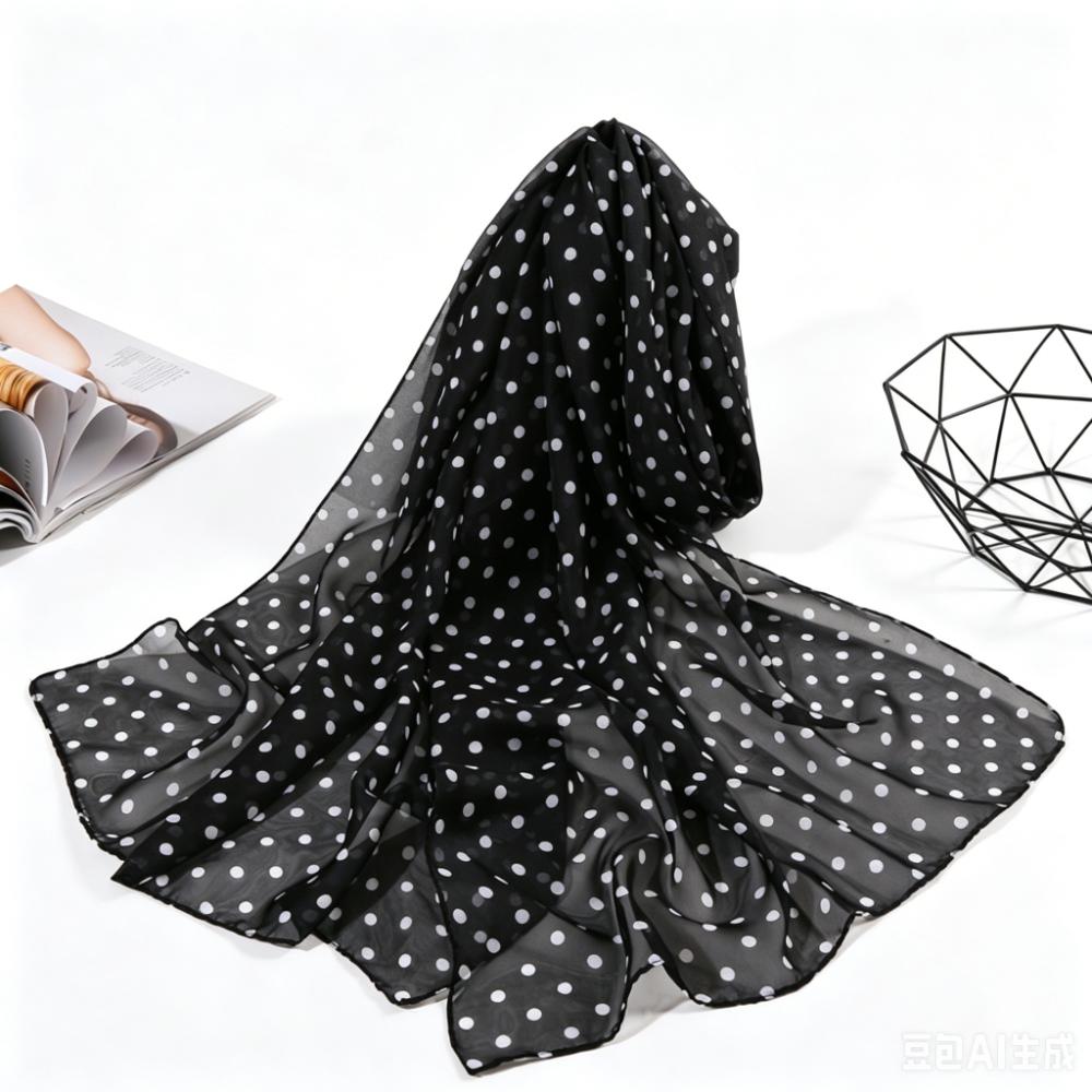 Thin Chiffon Polka Dots Printed Scarf Transparent Long Beach Silk Scarf Travel чёрный