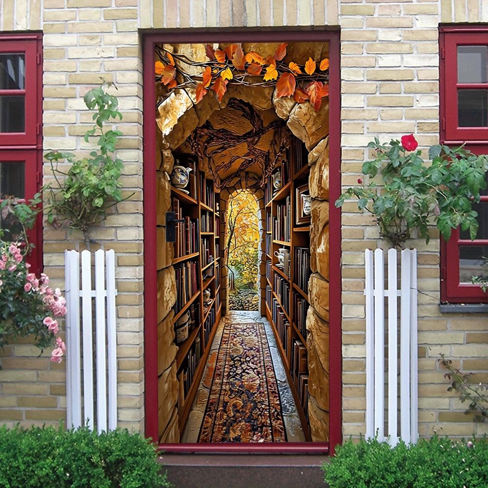 2pcs Autumn Magic Library Door Stickers Simulated Stone Wall Bookshelf Fallen Leaf Decoration Stickers Living Room Bedroom Study