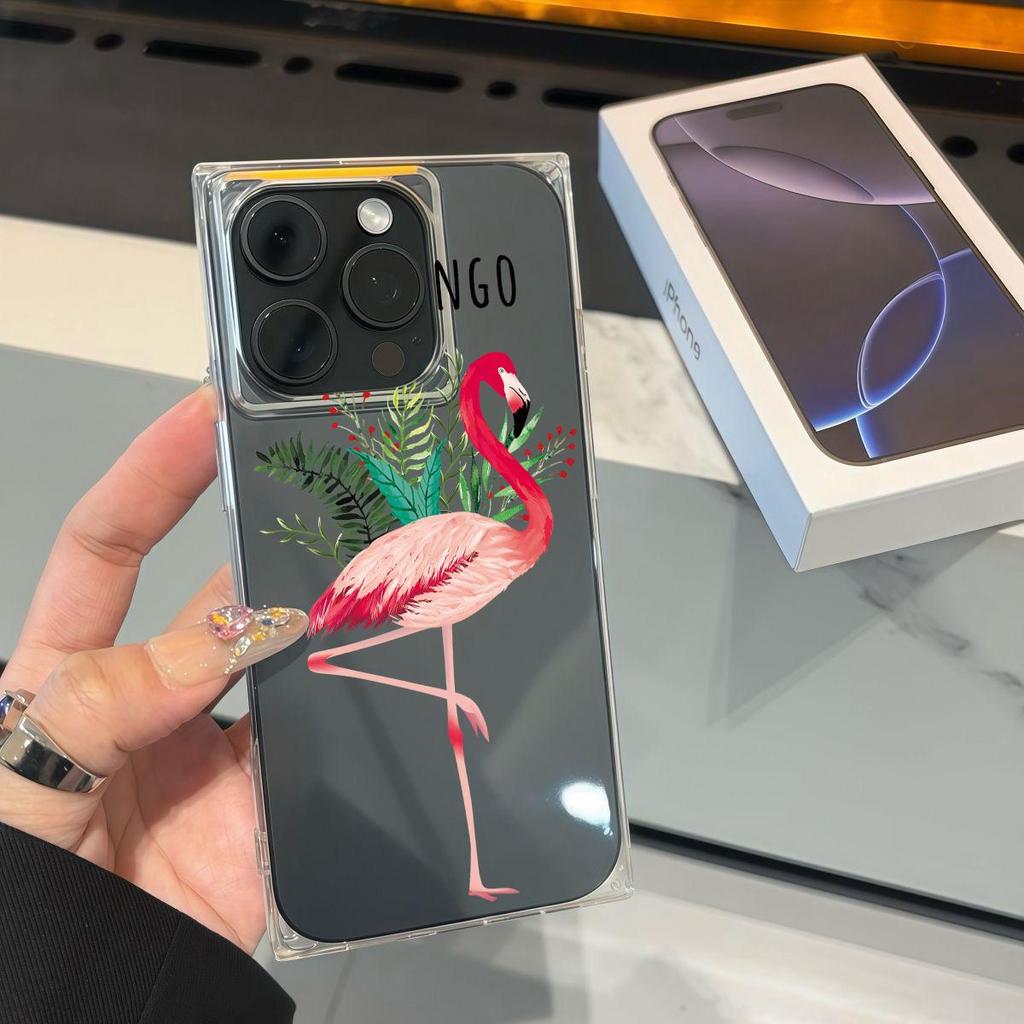 Clear Square Back Tube Case Protection For iPhone 15 Plus 16 ProMax 11 14 Pro Max 13 12 Anti-Oxygen,Alphabet Flamingo Pattern Casing