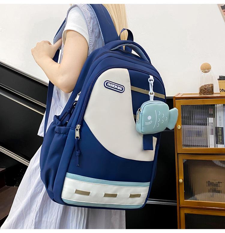 Large Capacity Color Block Student Backpack with Small Fish Pocket - Wear-Resistant Casual Design