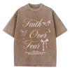 Pink Bow Letter Printed Washed T-shirt  Cotton Top Comfortable Anti Wrinkle Round Neck T-shirt Summer Neutral