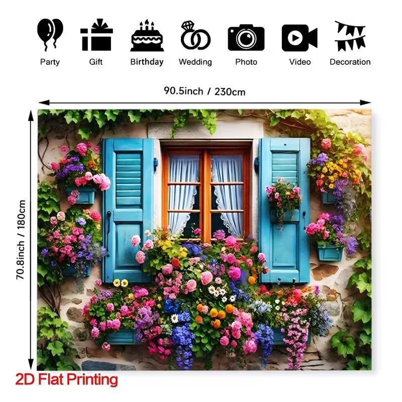 2D European Flower Window Tapestry Stone Wall Colorful Floral Home Decor 47.2x31.5inch/120*80cm