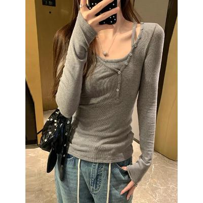 Irregular Button Design Fake Two-piece Threaded Long-sleeved T-shirt Bottoming Shirt for Women Scheming V-neck Short Top
