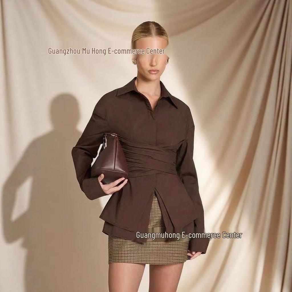 2025 European & Korean Elegant Pleated Waist-Cinched Long Sleeve Shirt