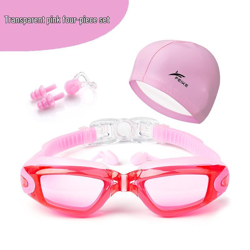 Fike High-Definition Waterproof Anti-Fog Swimming Goggles Set with Swim Cap, Large Plated Frame, Unisex