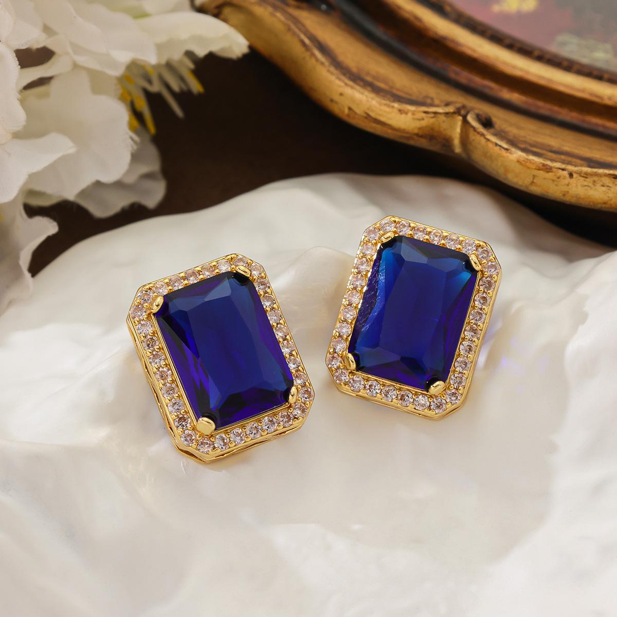 

Medieval Cross-border Geometric Block Sapphire Inlaid With Diamonds 925 Silver Needle Earrings