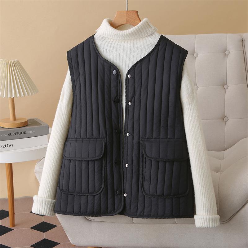 2025 Autumn/Winter Plus Size Vertical Stripe Lightweight Padded Vest for Slimming Chubby Girls, Style 1754