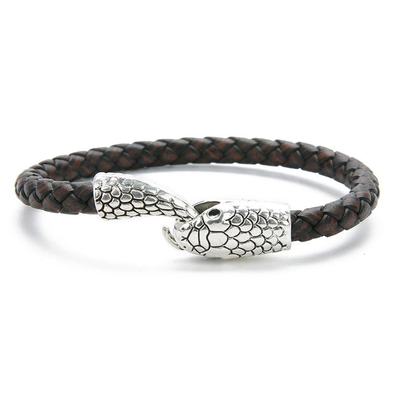 Vintage Silver Color Snake Easy-Hook Leather Bracelets Men Viking Jewelry Black Brown Braid Bracelet Charms Bangle 2019