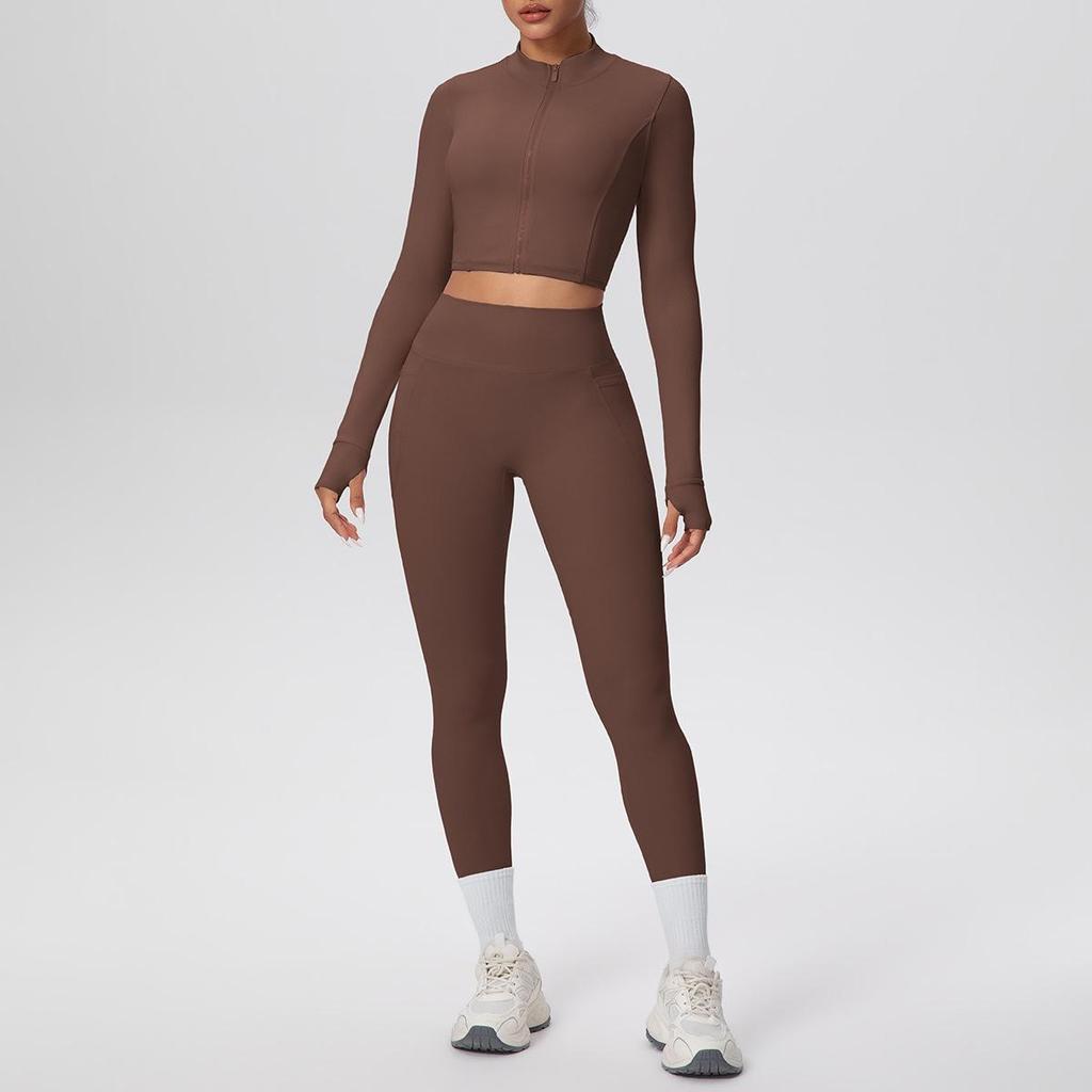 Zipper Crop Top Jacket & High-Waist Butt-Lifting Pocketed Pants Sports Set - Perfect for Yoga, Running, & Casual Fitness.
