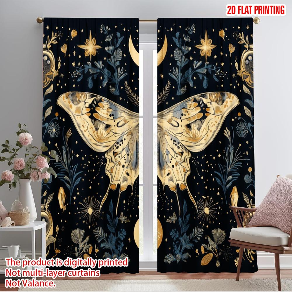 2pcs,2D plane printing Curtain Popular Moonlit Mothscape Durable Polyester (without rod) Decorations Inside Use for Bedroom &