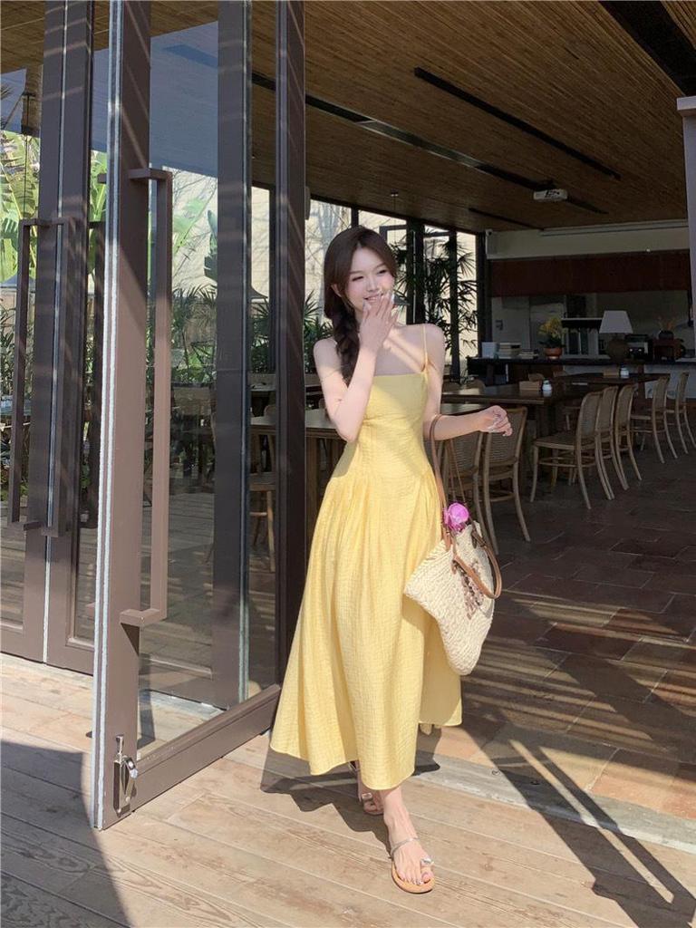 Women's Yellow Spaghetti Strap Summer Maxi Dress