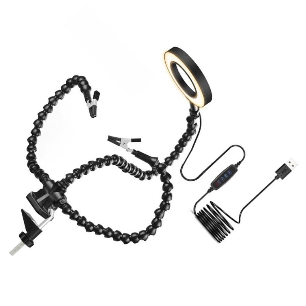 Flexible Soldering Helping Hands with 5-Arm Adjustable Clamp and Built-in USB LED Ring Light for PCB Work and Electronics Repair