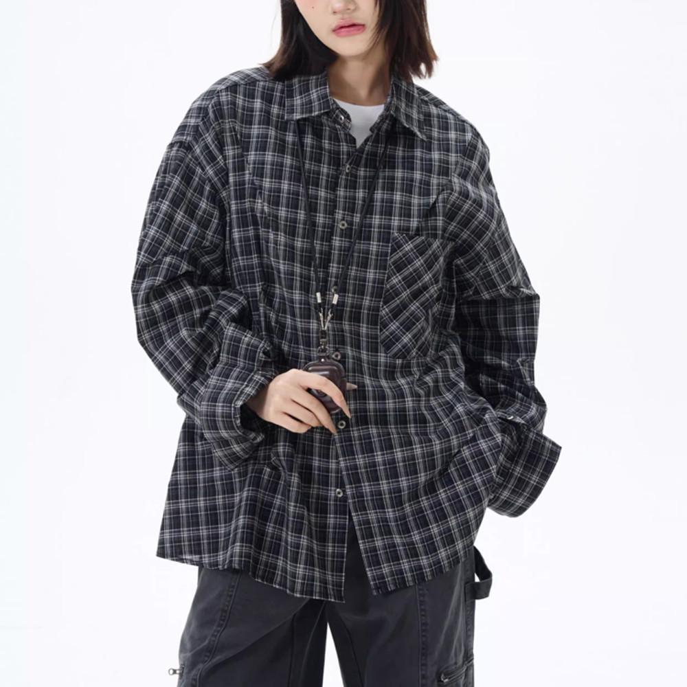 

Unisex Retro Plaid Oversized Long-Sleeve Pleated Shirt Jacket M чорний