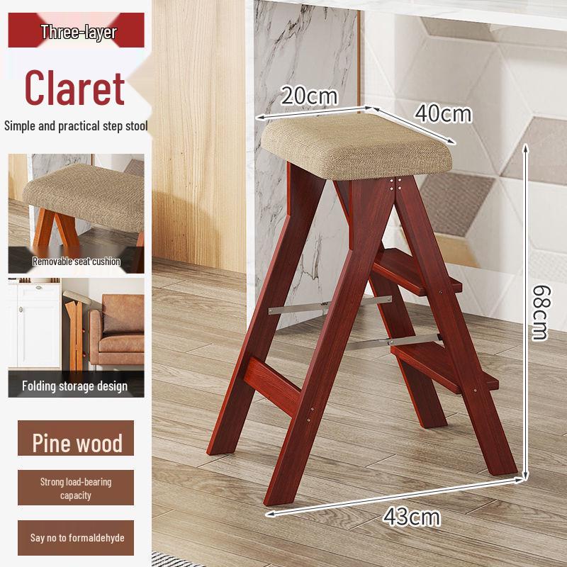 Three-Step Solid Wood Folding Ladder Stool: Multifunctional for Kitchen and Bar Use