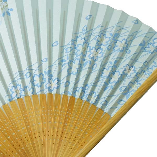 [Stylish Kimono Iroha] High-quality painted fan, made in Japan, white bamboo with carved cherry blossom design, blue pearl background, scented.