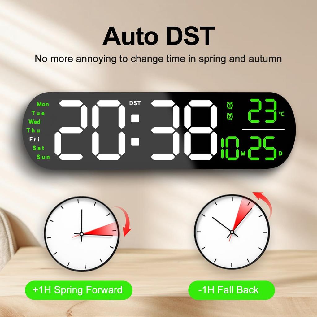13.7" Digital Wall Clock Large Display with Remote Control,Dual Alarm,Auto-Dimming,Big Digits,Auto DST Clock for Bedroom Living Room Decor with 9