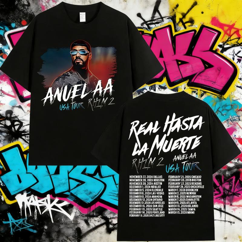 2025 Summer Rapper Anuel AA Real Hasta La Muerte Tour New Album Mens Hip Hop Gothic Breathable 100 Cotton Printed Tshirt