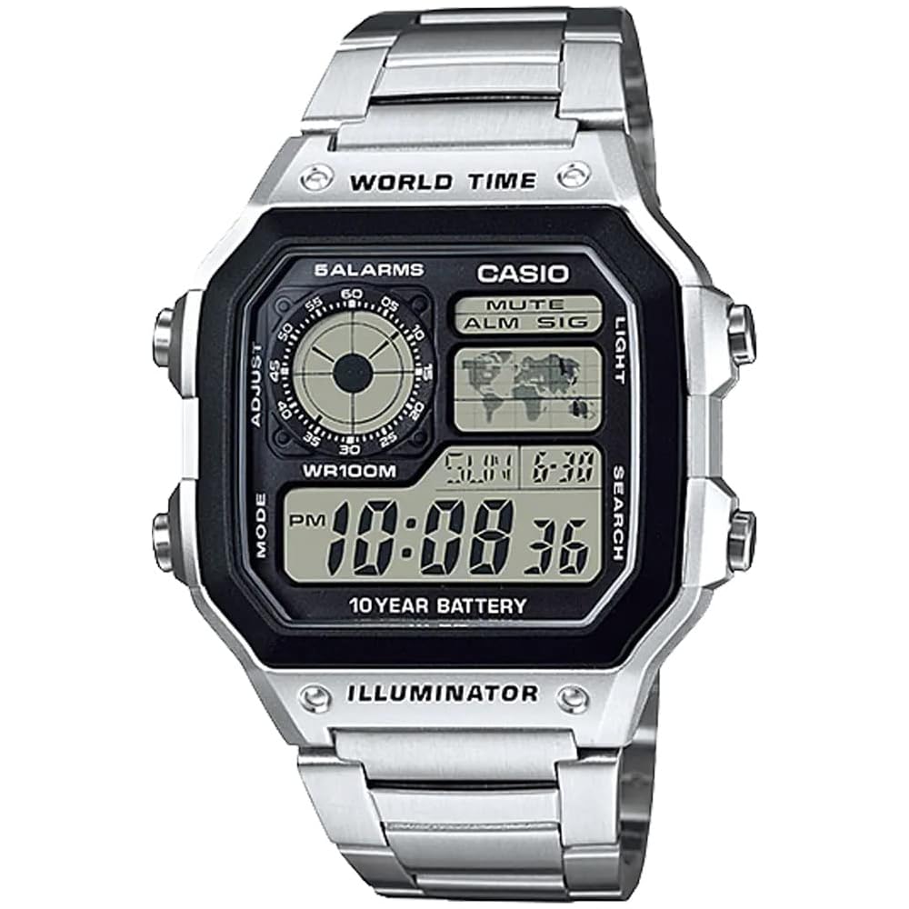 Casio World Time Digital Watch AE-1200WHD-1AV Men s Silver Metal Band Overseas Model
