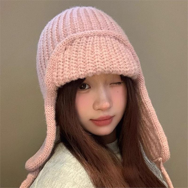 Solid Color Lace-up Knitted Hat Female Face Small Autumn and Winter Versatile Ear Protection Student Warm Wool Hat