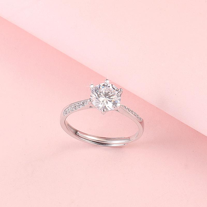 S925 Sterling Silver Adjustable Six-Prong Diamond Simulated Ring for Women - Elegant, Light Luxury Proposal Jewelry